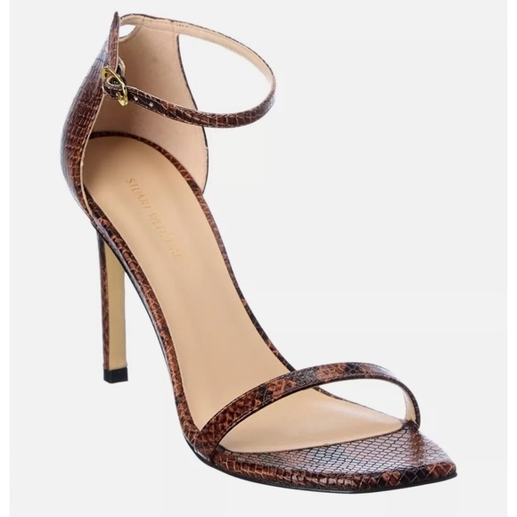 NEW Stuart Weitzman Amelina 95 Snake Embossed Sandals Nudist Brown Size 8.5 - Picture 1 of 7